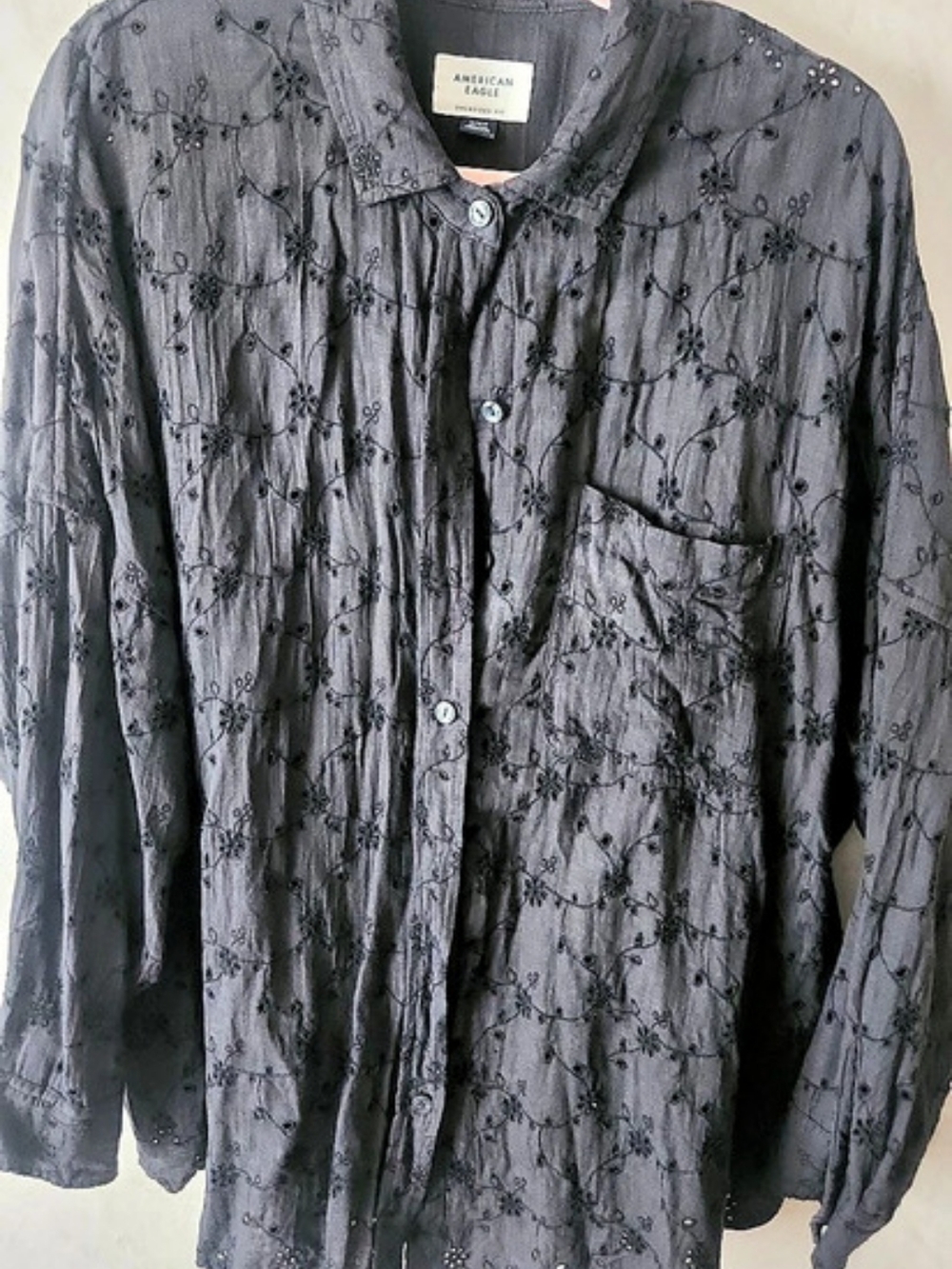 American Eagle AE Go Big Oversized Eyelet Embroidered Shirt Black Medium